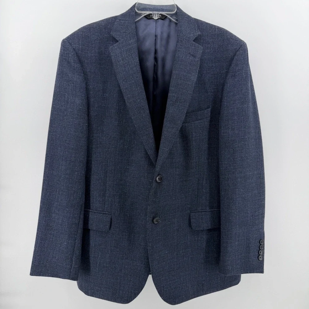 Jos. A. Bank Sport Coat Mens 44R Blue Wool Silk Linen Glen Plaid Granada Blazer